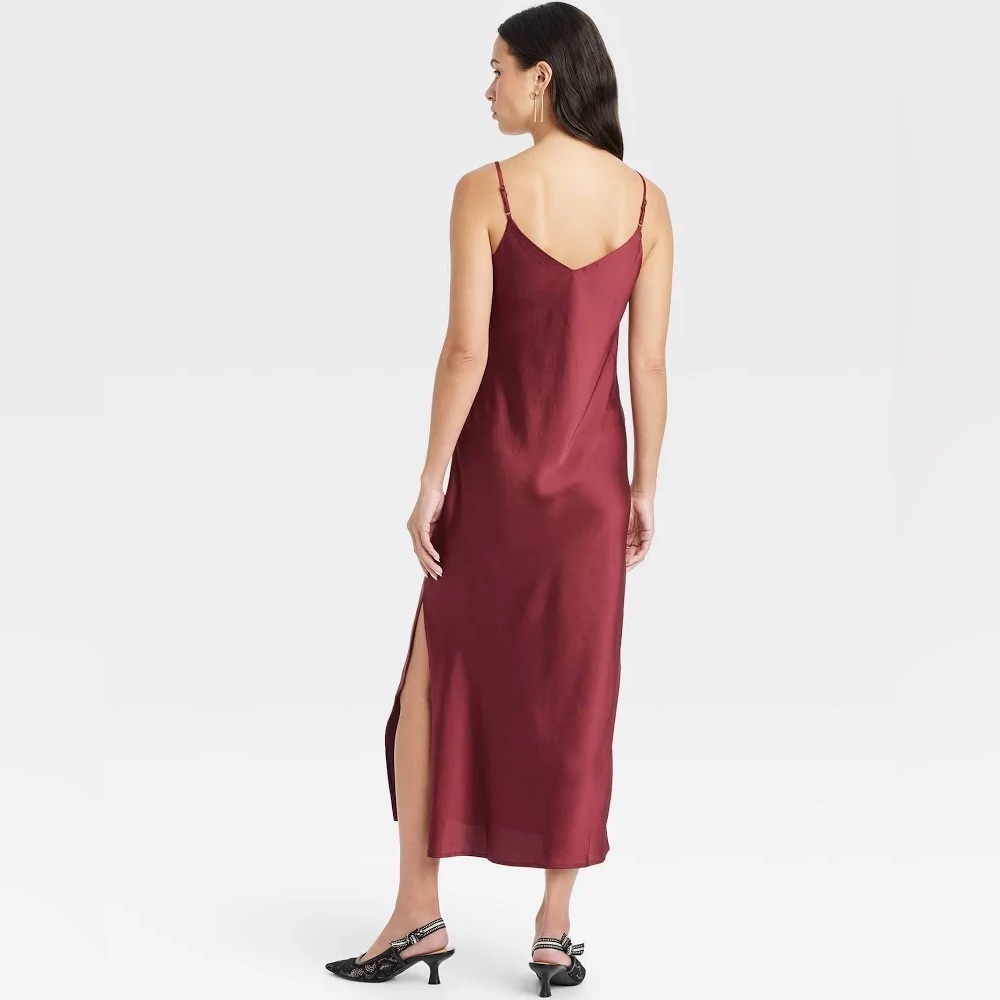 Silky V-Neck Slip Dress in Burgundy - Picture 3 of 5